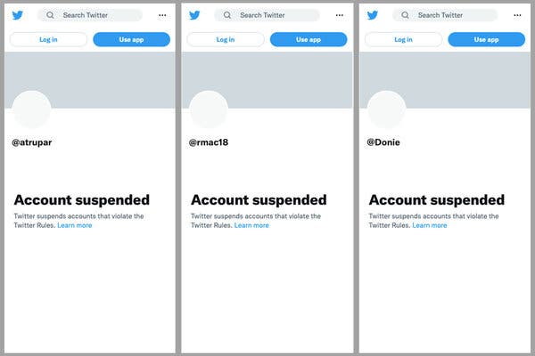Screen shots of three Twitter profiles shows their accounts have been suspended.