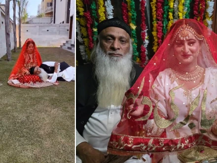 دلہن کی گود میں سر رکھ کر فوٹو شوٹ، 60 سالہ حکیم کی ویڈیوز پر صارفین برہم