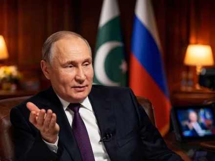 روسی صدر پوٹن نے پاکستان کے یوم آزادی پر صدر آصف زرداری اور وزیراعظم شہباز شریف کو مبارکباد بھی پیش کی (اے آئی سے بنوائی گئی تصویر)