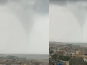 کراچی: گزشتہ روز بارش کے دوران سمندر کے اوپر ٹورناڈک واٹر اسپاوٹ کا دلکش مگر خطرناک مظاہرہ