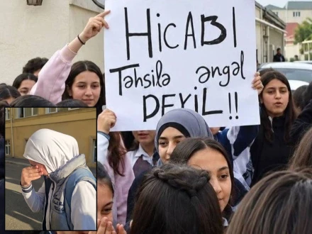 آذربائیجان کے اسکولوں میں حجاب پہننے پر پابندیوں کیخلاف طلبا اور والدین کا احتجاج (فوٹو؛ رائٹرز)
